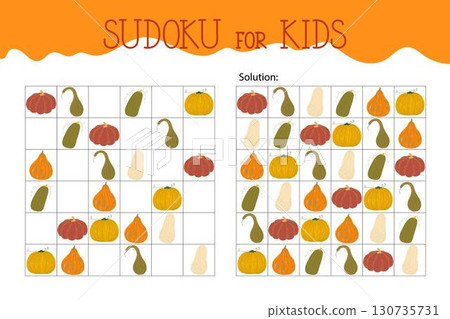 Pumpkins sudoku educational game or leisure activity worksheet illustration, printable grid to fill in missing images, autumn Thanksgiving topical vocabulary, puzzle with solution, teacher resources Pumpkins sudoku educational game or leisure activity worksheet illustration, printable grid to fill in missing images, autumn Thanksgiving topical vocabulary, puzzle with solution, teacher resources 130735731