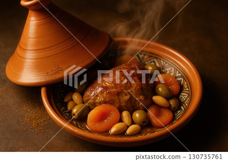 Moroccan Lamb Tagine With Apricot, Olive, Almond And Saffron In Terracotta Dish Moroccan Lamb Tagine With Apricot, Olive, Almond And Saffron In Terracotta Dish 130735761