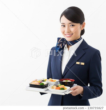 Smiling flight attendant holding a tray of in-flight meals, white background, navy blue uniform 130735827