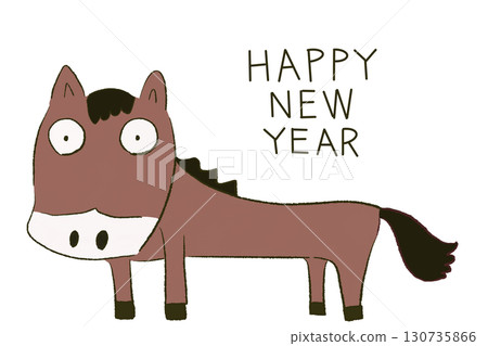 帶有“新年快樂”文字的馬年賀卡插圖（PNG透明背景） 130735866