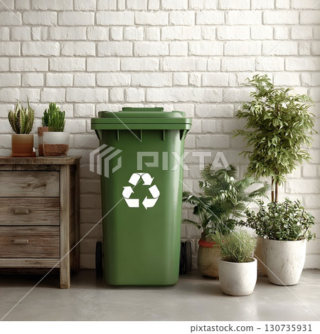 A green recycle bin with symbol stands by green plants and a wooden cabinet against a white brick wall indoors. A green recycle bin with symbol stands by green plants and a wooden cabinet against a white brick wall indoors. 130735931
