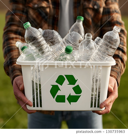 Hands hold a white recycling bin with green symbol, full of plastic bottles for a cleaner planet. Hands hold a white recycling bin with green symbol, full of plastic bottles for a cleaner planet. 130735963