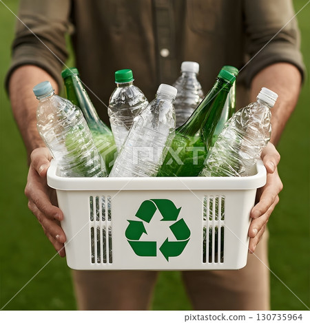 A white basket proudly displays a green recycle symbol, filled with clear plastic and green glass bottles, ready for collection. 130735964