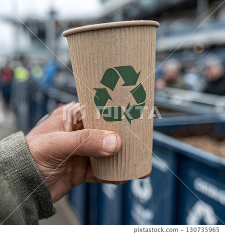 An eco-friendly recyclable paper cup clearly displays a green recycle symbol, promoting environmental reuse and vital sustainable choices. 130735965