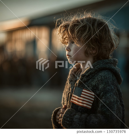 A young child with wavy hair holds an American flag, quietly reflecting with honor and patriotic pride on an important day. 130735976