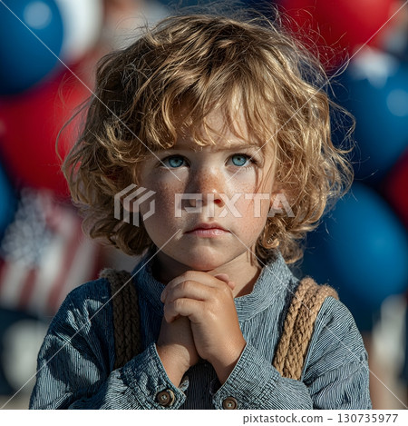 A young child with blue eyes stands quietly, hands together, reflecting on a special day for veterans. 130735977