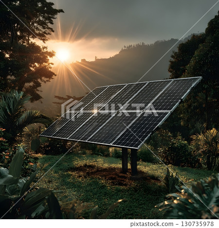 A large solar cell array captures radiant sunlight over a beautiful lush green mountain landscape at sunset. 130735978