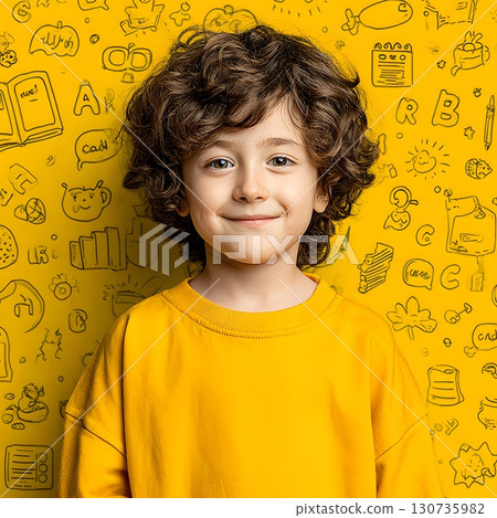 A cheerful young boy with curly hair smiles for the camera, embodying the spirit of curiosity and the fun of learning important knowledge. 130735982