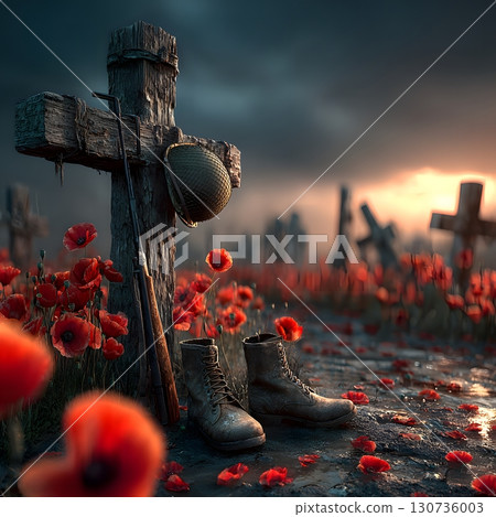 Military boots, rifle, and helmet stand at a memorial cross among poppies, honoring service and memory on a day for veterans. 130736003