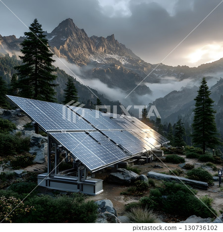 Solar cell technology stands in a mountain vista, capturing sun's power for clean energy production. 130736102