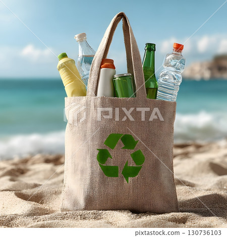 Recycling plastic bottles and glass containers in a fabric bag with a green symbol on a pristine sandy beach. 130736103