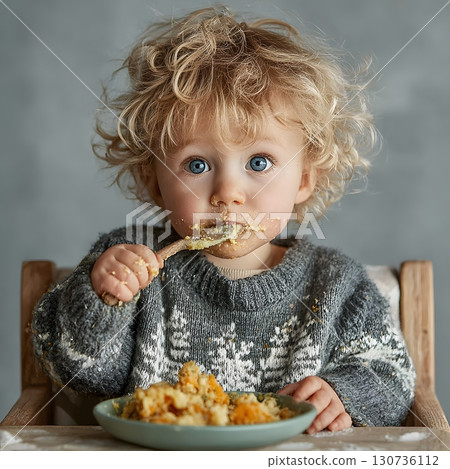 A happy toddler with bright blue eyes and blonde curly hair eats messy baby food from a bowl, enjoying a fun meal. 130736112