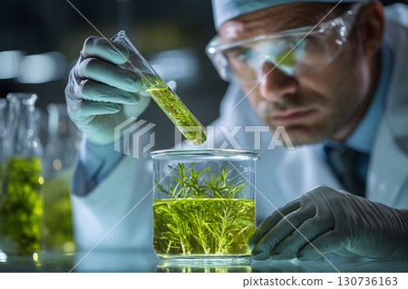 A dedicated researcher in protective gear studies biotechnology, observing a test tube with green liquid over plant samples in a lab. 130736163