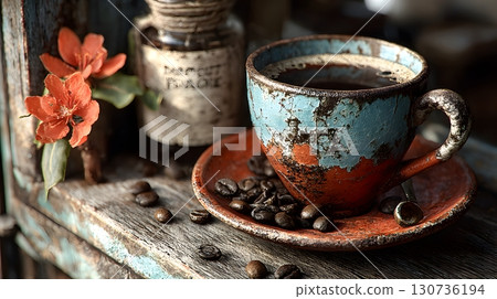 A rustic ceramic cup of warm coffee sits on old wood with roasted beans and orange flowers nearby. 130736194