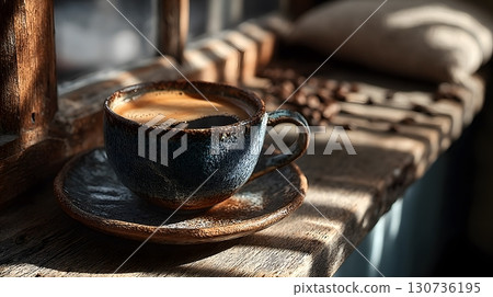 A fresh cup of dark coffee sits on a rustic wooden window sill in warm morning sunlight with scattered beans. 130736195