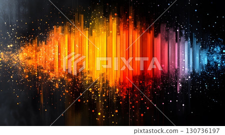 Colorful light bars and glowing particles form a vibrant spectrum across a dark abstract background. 130736197