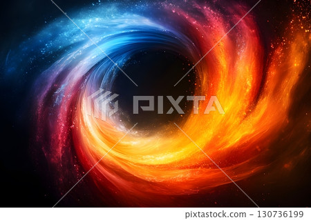 An abstract background with vibrant cosmic energy forms a swirling vortex of blue, red, and orange light. 130736199