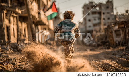 A young boy runs with energy, kicking up dust through the rubble and destroyed buildings of a devastated urban landscape. 130736223
