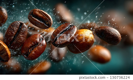 Freshly roasted coffee beans gracefully fly through a refreshing spray of clear water droplets, showcasing rich texture and dynamic movement. 130736224