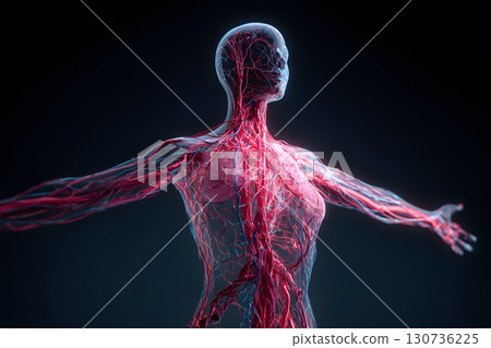 Transparent human anatomy model revealing intricate internal structures and a visible glowing circulatory system with arms outstretched. 130736225