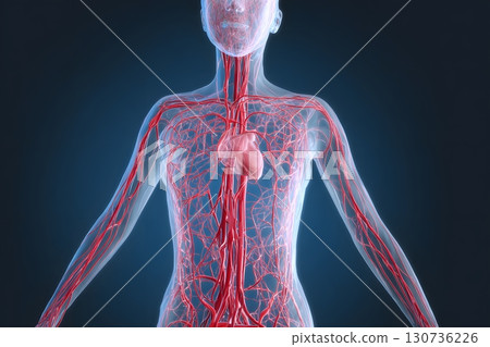 This detailed transparent view of the internal body anatomy vividly displays the intricate circulatory system with an active heart. 130736226
