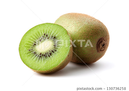 A whole kiwi fruit and a fresh sliced kiwi half are displayed on an isolated white background. 130736258