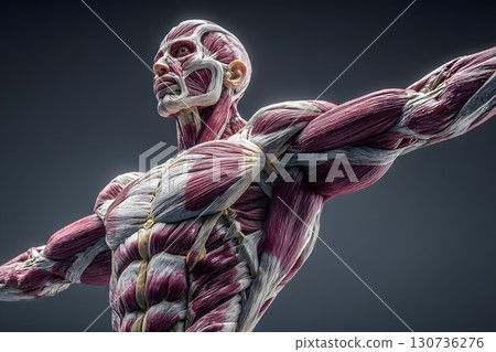 Close up view of body muscle anatomy with arms outstretched, highlighting intricate biological structure and physical form. 130736276