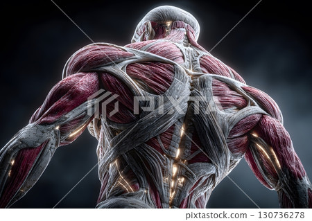 Detailed anatomy of a powerful muscular body showing its complex structure and bright internal glow in a strong standing pose. 130736278