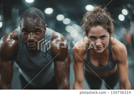 A man and woman are intensely focused during their strenuous fitness training, dripping with sweat, showing determination in their challenging pose. A man and woman are intensely focused during their strenuous fitness training, dripping with sweat, showing determination in their challenging pose. 130736314