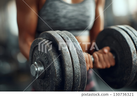 A person performs a fitness exercise, lifting a heavy dumbbell to build arm strength and muscle in the gym. 130736321