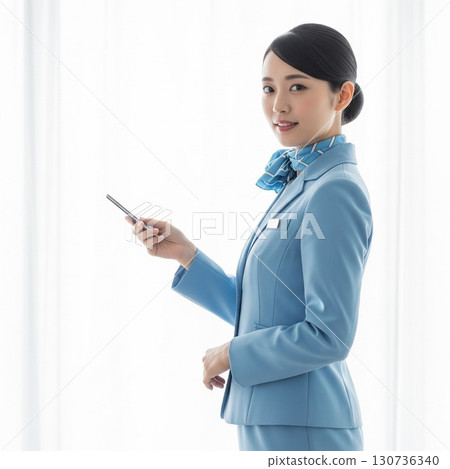 一位年輕的空服員一邊使用智慧型手機一邊微笑（人工智慧產生的影像） 130736340