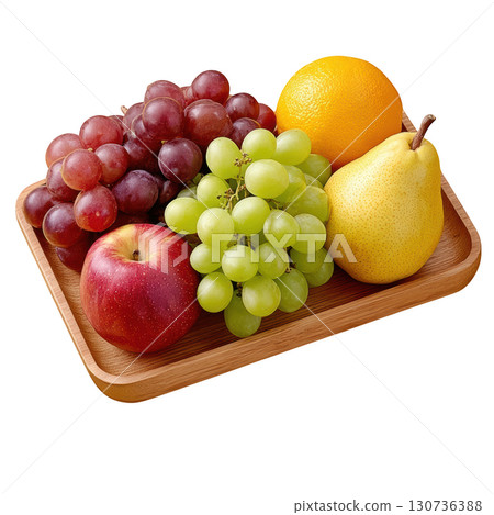 Fresh Assortment of Colorful Fruits on a Wooden Tray Including Grapes, Apples, Pears, and Oranges 130736388