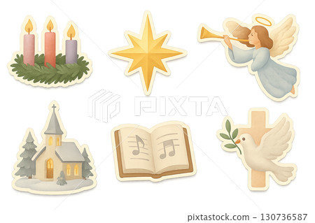 Christmas religious symbols including candles, star, angel, church, book, dove. Isolated on transparent background 130736587