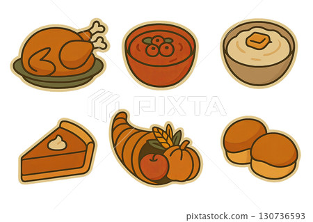 Thanksgiving food icons set featuring turkey, pie, cranberries, mashed potatoes. Isolated on transparent background 130736593