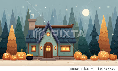 Cozy cottage with glowing windows surrounded by carved pumpkins and tall pine trees under full moon in calm night 130736739