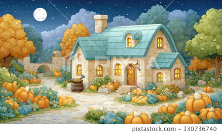 Cozy stone cottage with glowing windows surrounded by colorful autumn trees and pumpkins under starry night sky 130736740
