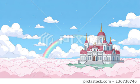 Whimsical castle with red roofs and golden spires sits above pink clouds under bright blue sky with rainbow and fluffy clouds 130736746