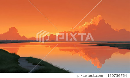 Sunset sky with orange clouds reflecting on calm water and green grass along shore creating peaceful scenery Sunset sky with orange clouds reflecting on calm water and green grass along shore creating peaceful scenery 130736764