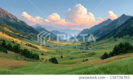 Mountain valley landscape with green grass, small village, pine trees, and dramatic clouds at sunset 130736765
