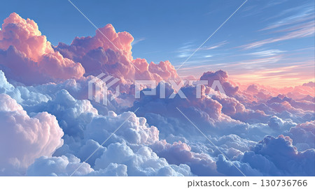 Fluffy clouds glowing with soft pink and blue hues under serene sky at sunset, creating peaceful and dreamy atmosphere 130736766