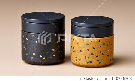 Two ceramic storage jars with black lids feature colorful terrazzo patterns, creating stylish and modern kitchen accessory Two ceramic storage jars with black lids feature colorful terrazzo patterns, creating stylish and modern kitchen accessory 130736768