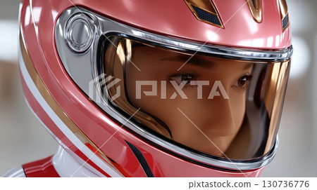 Young woman wearing shiny pink motorcycle helmet with reflective visor showing focused eyes and smooth skin 130736776