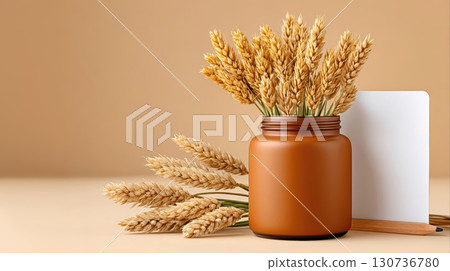 Golden wheat stalks in brown jar with pencil and white board on beige background, warm and cozy autumn decor 130736780