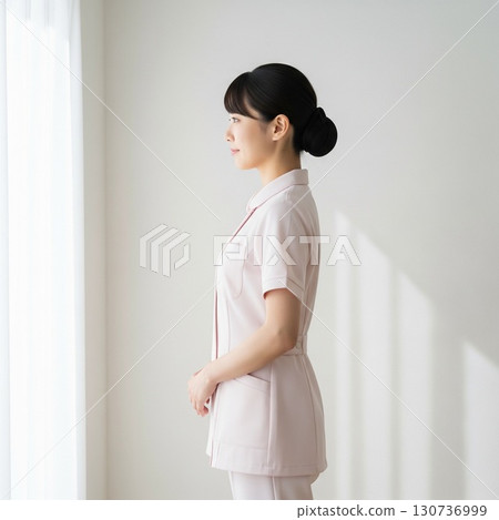 Profile of a young nurse looking out the window, expressionless, thinking 130736999