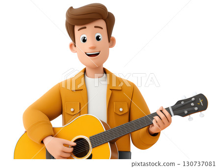 Friendly cartoon character playing guitar with a cheerful expression, showcasing a musical performance scene 130737081