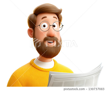 Cheerful Man with Glasses Reading Newspaper in Bright Yellow Sweater Cartoon Style Illustration 130737083