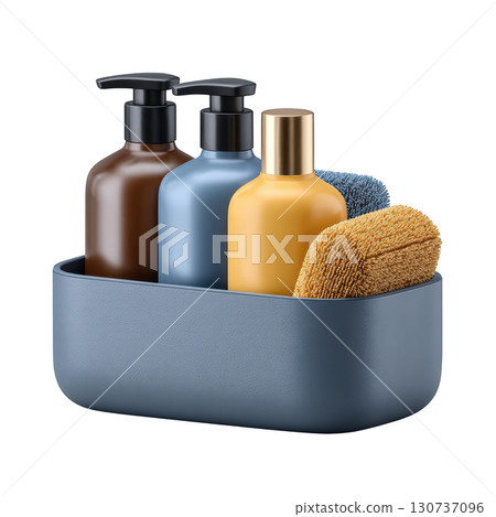 Stylish bathroom caddy with bottles, sponge, and brushes for organization and storage in modern home decor Stylish bathroom caddy with bottles, sponge, and brushes for organization and storage in modern home decor 130737096