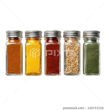 Colorful Assortment of Spices in Clear Glass Containers on a White Background for Culinary Inspiration 130737238