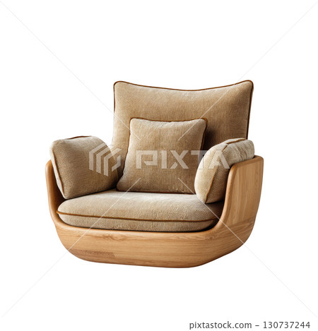 Cozy modern chair with natural wooden frame and soft fabric cushions for stylish interior design and comfort 130737244