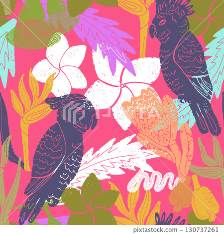 tropical background with palm leaves and flowers 130737261